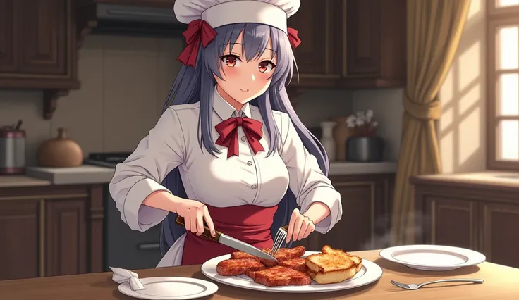 The anime girl chef wearing an elegant cooking suit takes the meat from the fridge and takes it to the big and elegant kitchen, then she removes it and dries it. After that, she takes the knife and cuts it piece by piece, then she takes it to the frying pa...