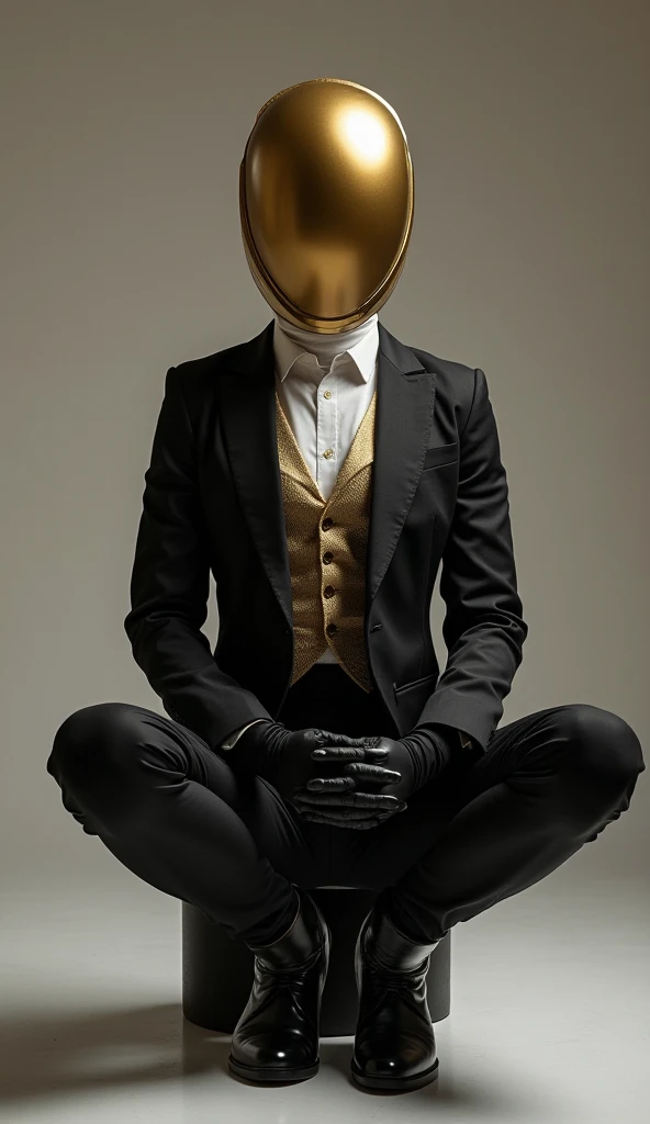 A plump muscular female bodybuilder wearing full-body gold-colored fencer's helmet dressed in an elegant suit, vest jacket, black pants, boots with black caps, full-body black gloves in meditation posture