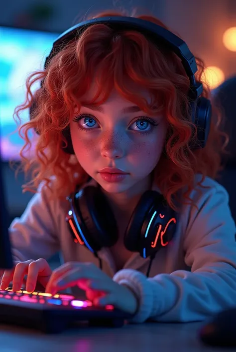 A stunningly beautiful young woman with vibrant red curly hair, crystal blue eyes, and soft freckles across her cheeks and nose. She is intensely focused on gaming, sitting in a cozy room with a futuristic computer setup, colorful LED lights, and a gaming ...