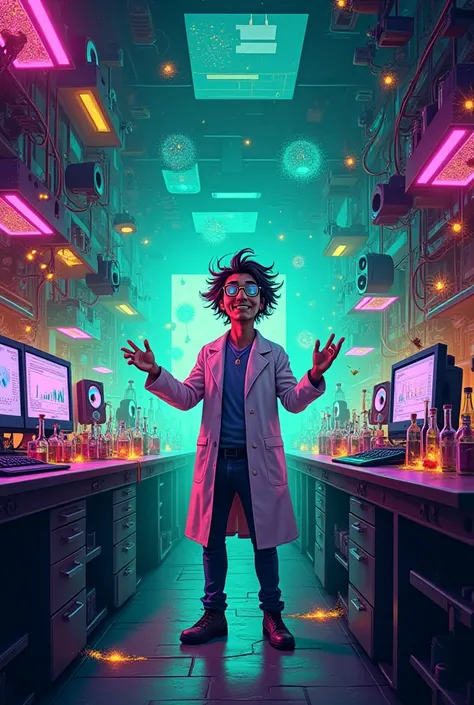  The laboratory is a vibrant mix of neon colors glowing  ( lime green, purple, blue, yellow, pink and red).  The environment becomes chaotic ,  with test tubes shining and falling apart ,  computer monitors flashing and wires intertwining in every directio...