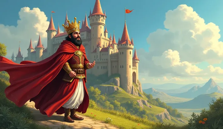 King Umar, a cheerful and slightly mischievous ruler, resides in a grand, whimsical castle with shining turrets. Excited by the promise of a grand quest, King Umar donned his royal cloak and set off, eager to explore. 