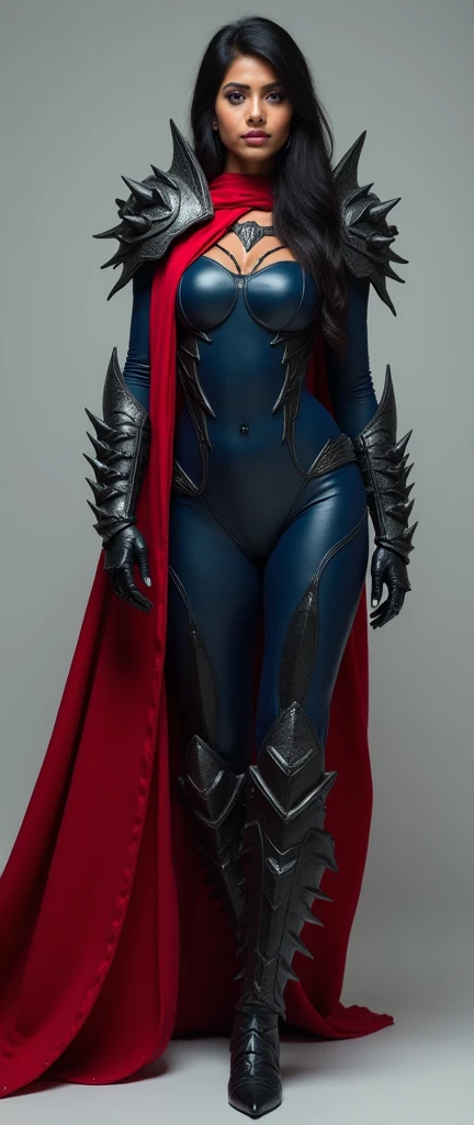 a Bangladeshi woman. She is wearing a sleek, form-fitting bodysuit in dark blue and black, reinforced with armored plates on her shoulders, arms, and legs. The armor has a gothic, spiked aesthetic, especially on her gauntlets and shoulder pads. She also ha...