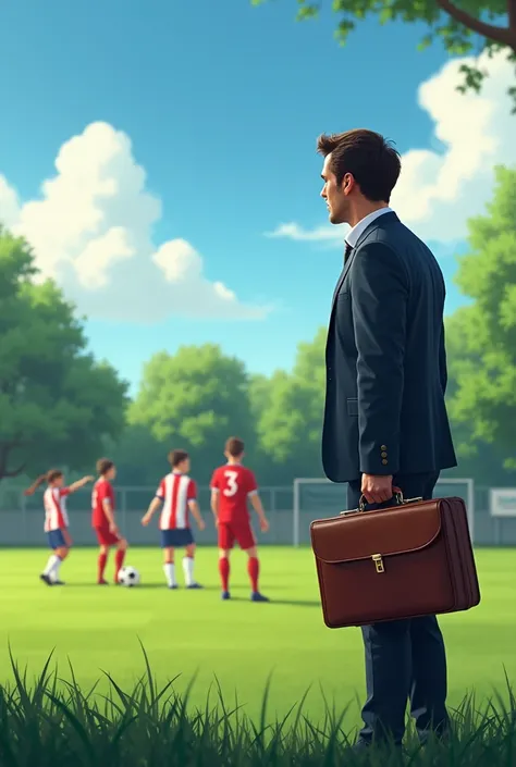 A 25 year old man wearing a suit with a breifcase and looking at s aged 16-20 playing soccer 