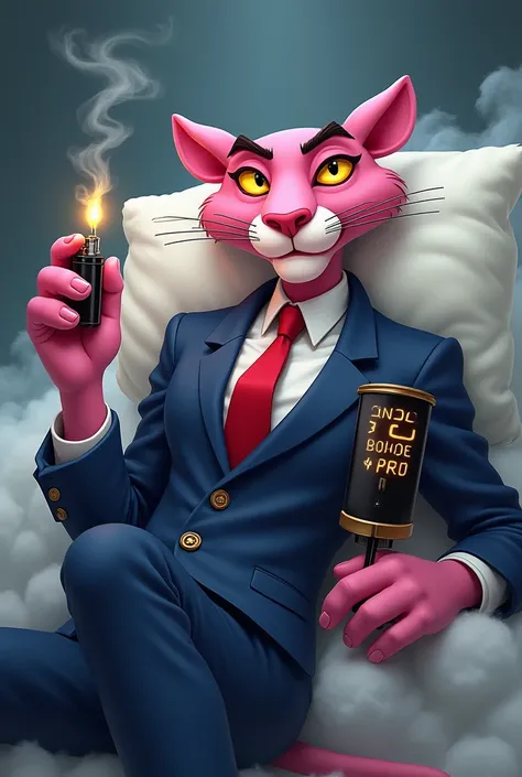 Pink panther lies on steam in suit holding bomb and lighter in hand