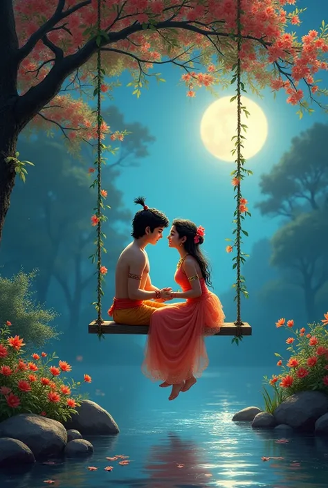 "Evoke a scene of unparalleled beauty: Young Lord Krishna, his eyes shimmering with mischief and adoration, sits beside Radha on a swing crafted from the purest moonlight. Their laughter, light as a butterfly's wing, fills the air. Radha, her face flushed ...