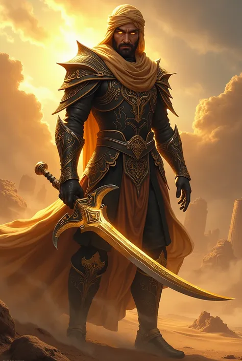 A powerful fantasy portrait of a Hashashin character from Black Desert Online. He wields a gleaming crescent-shaped shamshir sword and a deadly hidden dagger, wearing intricately designed desert-style armor with golden and black accents. His head is partia...