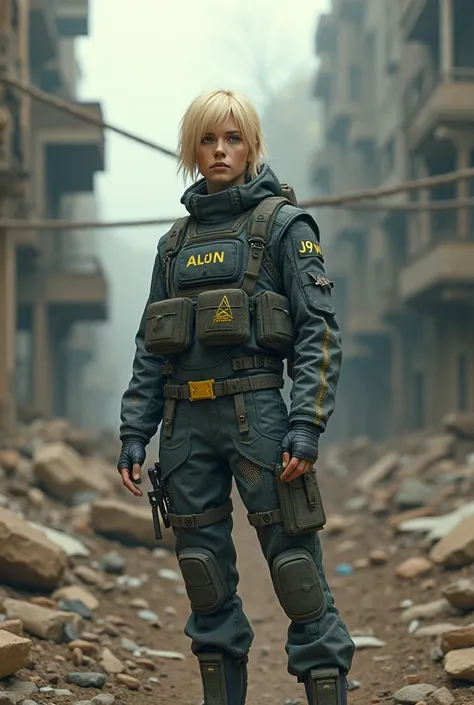  High quality,  8k Ultra HD,  a blond character wearing high-tech military clothing amidst a scenario of destruction, Contain the name Alan and the acronym of his ring j9wi on the garments, Let 