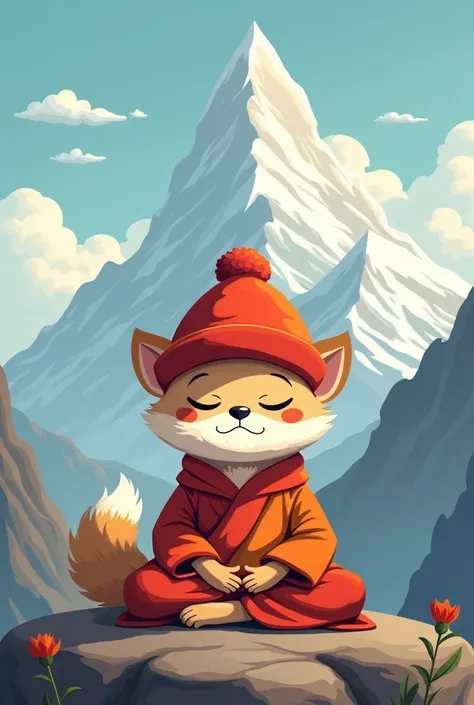  manul Tibetan monk, felt hat , mountains, clouds, cartoon style