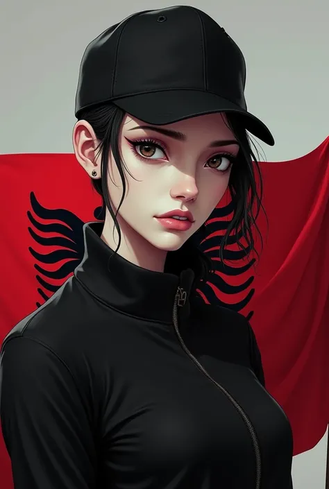 Pony tail , mole bwteen right chin and cheek near the lip , white skin , sharp jawline , big eyes , sharp eyebrows , sharp nose , wearing black track suit and cap , holding Albanian flag .