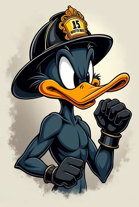 Vector Style, ((comic art)), (cartoon style) a 5, lowbrow art, "Design an intricate tattoo core t-shirt logo with a bold, vintage, and rugged look. At the center, place closeup image of a strong, muscular roughed-up Daffy Duck wearing work black fireman Gl...