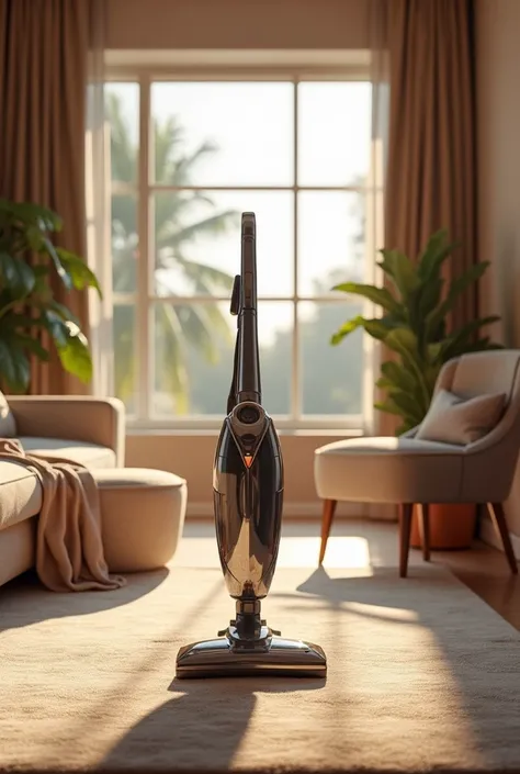 The cleaning vacuum cleaner is located in the interior of a room with a beautiful window