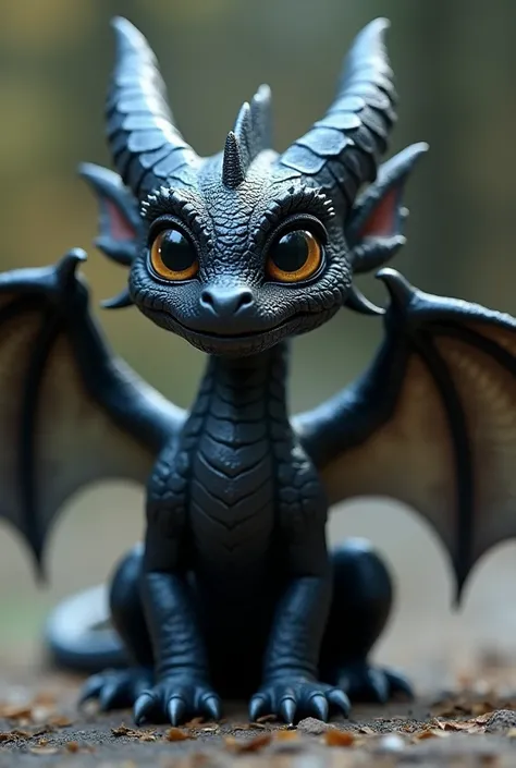 " A small realistic dragon with shiny texture and black scales,  big, expressive eyes,  open wings with translucent details , and clear, pointed horns . and