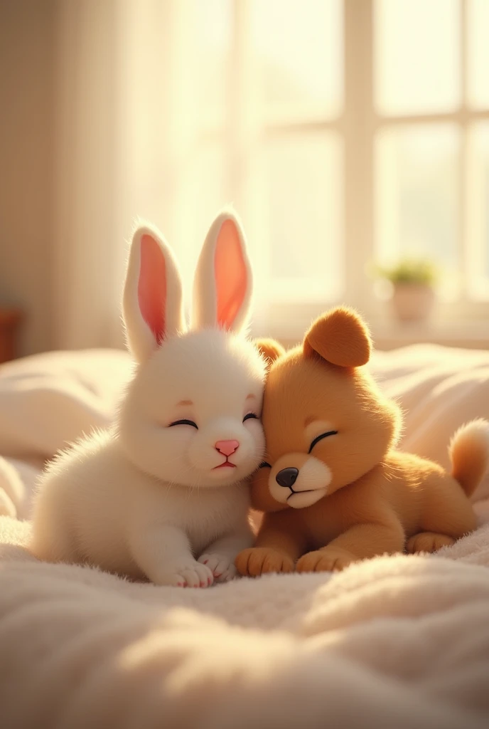 Please create a short film about a cute bunny who sleeps with a cute baby dog in a room