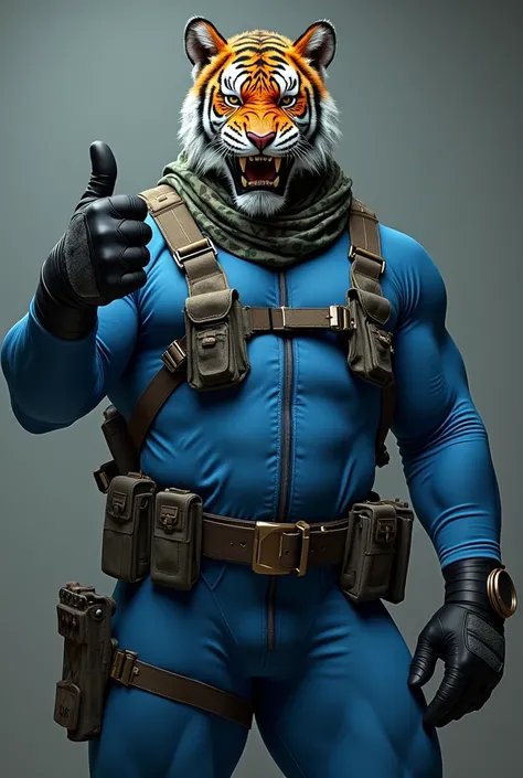 (A rugged beefy extremely muscular bulky old man), (wearing blue fully-zipped fullbody wetsuit), (wearing realistic roaring tiger mask), thumbs up pose, wearing bulky harness, wearing bulky scuba gear, wearing army camouflage hero scarf, muscular physique,...