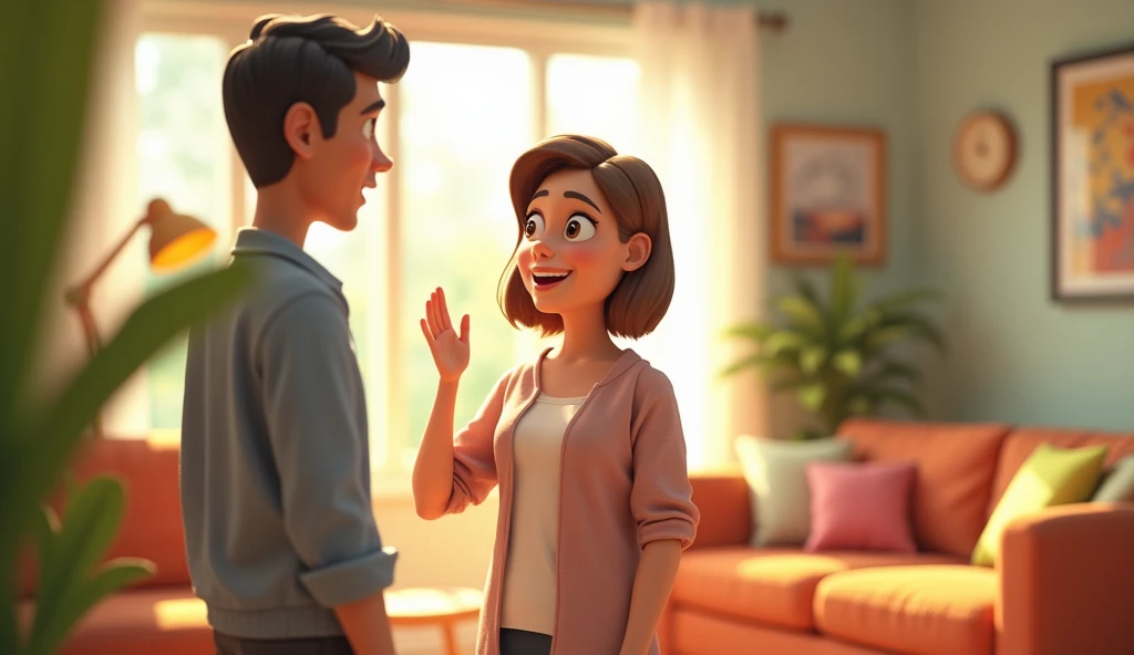 "A woman in her late 40s, looking at her husband with wide eyes in surprise and curiosity, her hand raised in question. The background shows a bright living room."
Generate in cinematic 3d cartoon style