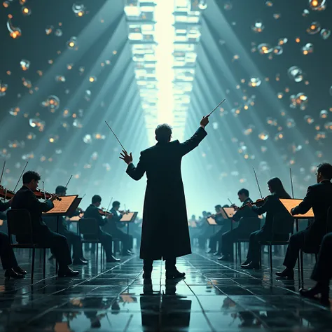 an orchestra maestro with his back to the camera and facing the orchestra audience, but everyone in the orchestra and audience is not a person but a mirror