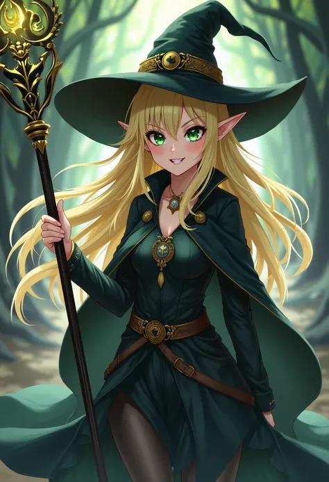 ( maximum quality,  best quality,  official art ,  beautiful and aesthetic :1.2) female, Crazy anime elf ,  Long blond hair ,  green eyes,  perverse smile ,  Witch's hat,  wearing a black cape ,  witch clothes and pants ,  wielding a divine magic staff, bl...