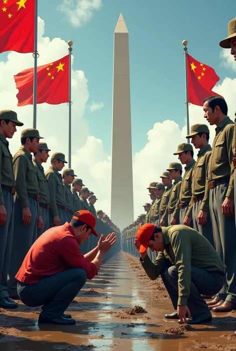 White-rural-ameeicans-wearing-red-baseballcaps kneeling in mud begging handsome-masculine-Chinesemen for help infront of the Washington monument flying Chinese flags, defeated-USA Victorious-China, Chinese-superiority, American-decline, bright vivid daylig...