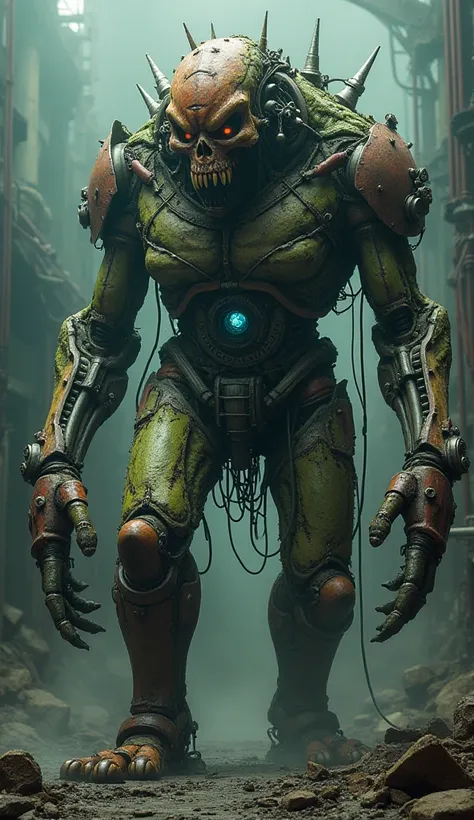 nightmarish, towering hybrid monster stands in a dark, dystopian industrial wasteland, surrounded by broken machinery and sparking cables. The creature is an unholy fusion of heavy industrial robotics and grotesque organic elements, both terrifying and biz...