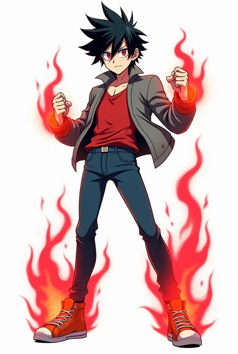  Young adult emo boy tall as an adult with hair brushed to the left emo black, bright red eyes, gray jacket, regular red blouse , blue dins pants ,orange sneakers , in battle position ,Boca Brava , with closed cuffs ,with a scar traced on the right eye ,wi...