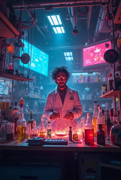  The laboratory is a mix of vibrant colors and neon  (lime green, purple, blue, yellow, pink and red), The environment is very chaotic ,  with test tubes shining whole and others in fallen pieces , monitores do computador piscando e fios se entrelaçando em...