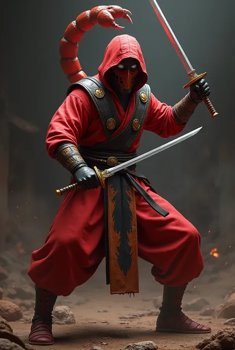 Scorpion mortal combat character dressed in red with a samuray sword in each hand