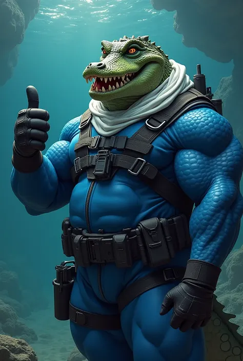 (A rugged beefy extremely muscular bulky smiling  crocodile man), (wearing blue fully-zipped fullbody wetsuit), thumbs up pose, wearing bulky harness, wearing bulky scuba gear, wearing white hero scarf, muscular physique, toned muscles, fierce, heroic, act...