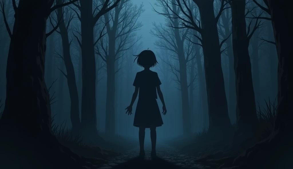  A dark figure sketched among the trees, only visible, with a terrifying atmosphere ." A terrifying anime-style scene ,  with a dark and spooky environment .  Includes horror elements , like haunting shadows ,  distorted figures and a desolate landscape . ...