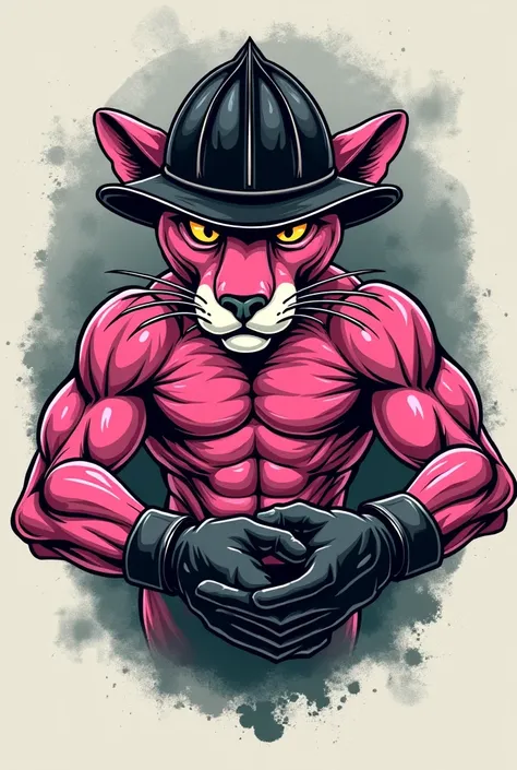 Vector Style, ((comic art)), (cartoon style) a 5, lowbrow art, "Design an intricate tattoo core t-shirt logo with a bold, vintage, and rugged look. At the center, place closeup image of a strong, muscular roughed-up Pink Panther wearing work black fireman ...