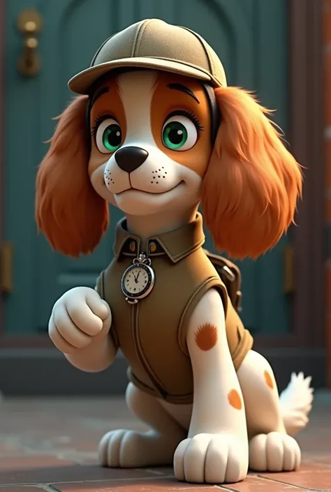 Paw Patrol Oc , Cavalier King Charles Spaniel dog, male, white color with brown spots, green eyes, Detective Patrol, Sherlock Homes stile