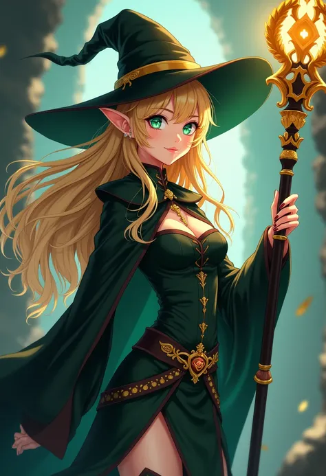 ( maximum quality,  best quality,  official art ,  beautiful and aesthetic :1.2) female, Crazy anime elf ,  Long blond hair ,  green eyes,  perverse smile ,  Witch's hat,  wearing a black cape ,  witch clothes and pants ,  wielding a divine magic staff, bl...