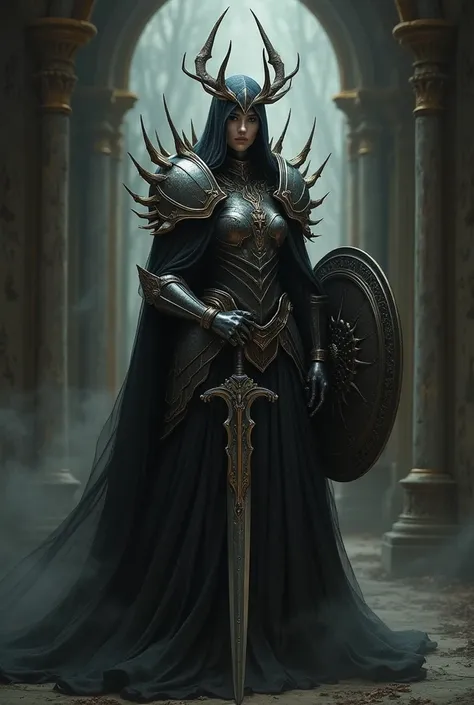 a woman in armor holding a sword and shield in a dark room, lolth, diablo concept art, diablo 4 queen, diablo digital concept art, style of raymond swanland, ornate armor covered in thorns, amazing 8k character concept art, by Yang J, clothed in ethereal a...