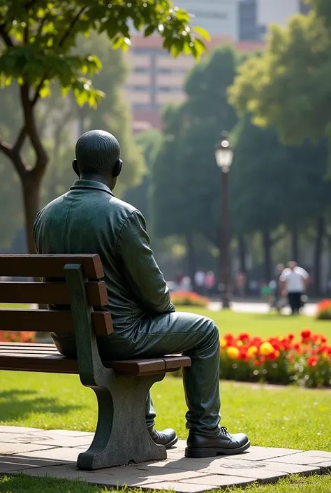 there is a man sitting on a bench in a park, a statue by Luis Miranda, pixabay, new sculpture, city of armenia quindio, city square, in a city square, taken with sony alpha 9, park on a bright sunny day, coban, town square, south jakarta, in marijuanas gar...