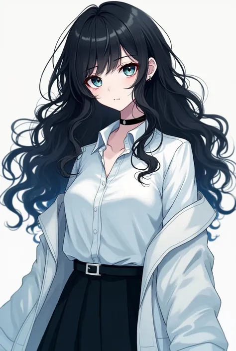 Drawing style. A character with long curly black hair, white skin, one blue eye and one black eye. She is 1.70 tall. She is wearing a white shirt, black skirt and white jacket.