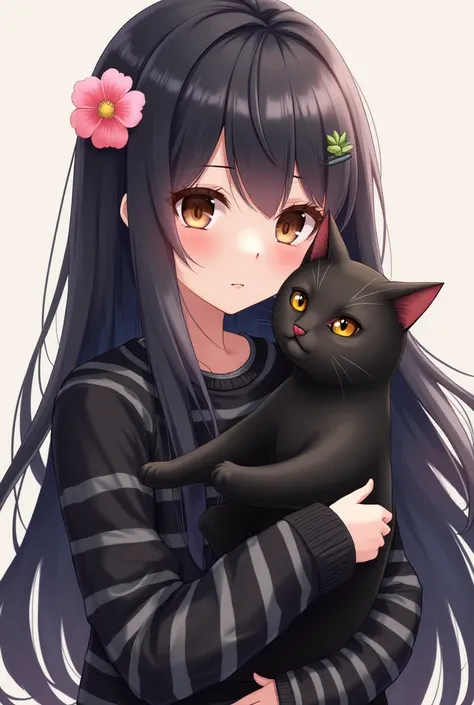 Half-haired anime girl with long black hair ,  dark brown eyes wearing a striped black sweater and a pink flower on her head,  with a black cat with brown eyes in her arms  