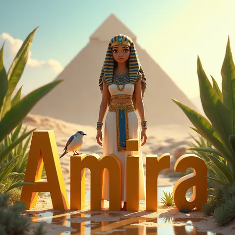 Realistic pictures showing the character of a Pharaonic .
The character wears a traditional Egyptian Pharaonic costume with the name “Amira” written in huge letters in front of the character.  
The background of the photo shows Hermine and the birds around...