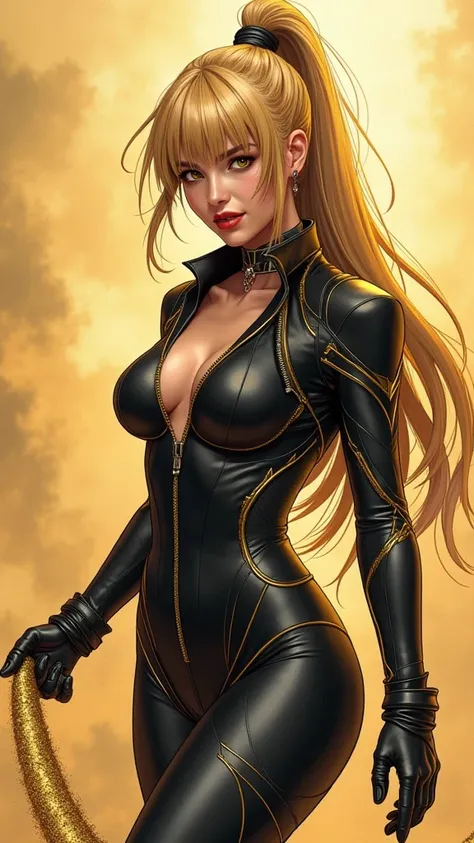  A woman with long hair with straight golden blonde bangs with shiny purple on the wires tied in a tall ponytail, with a black rubber band.  features golden eyes and red lips Cynical smile . Her black catsuit jumpsuit ,  V-neck has gold details that simula...