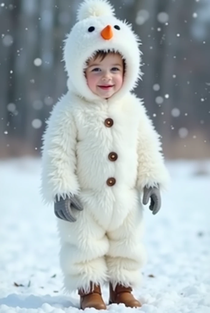 "Create a TikTok video featuring an adorable  boy dressed as a snowman,  complete with a fuzzy white outfit ,  a cute carrot nose accessory ,  and a small hat or scarf .  Set the scene of a ,  festive atmosphere with soft snow falling and a snowy , happy v...