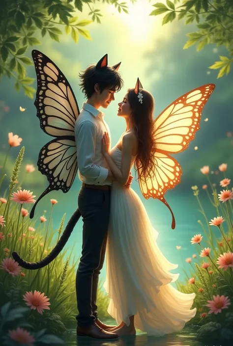 A man with black cat ears and cat tail fall in love with a woman who has butterfly wings. 