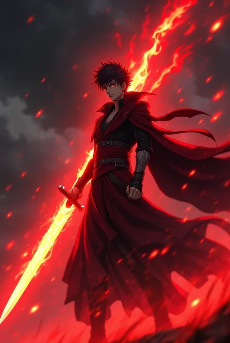 Anime like whit sword on fire and red aura