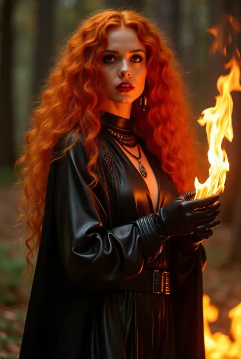 woman, long curly orange hair，, black jumpsuit-type leather clothes , , fabric cover,  Accessories ，，Sorceress's clothing，, witch queen ， red lipstick,  power of the flames, Fire emanating from the body , Flames in the hand,  brand, Heavy black eye makeup