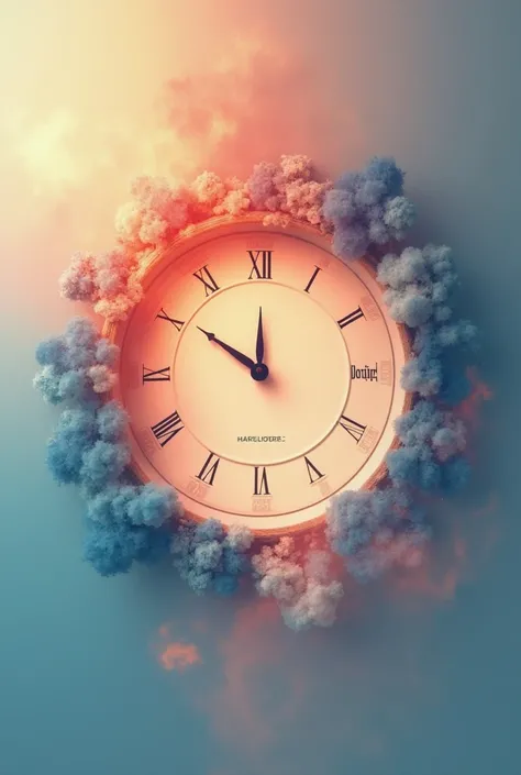 Please create a beautiful abstract for me, appealing image,  which aesthetically represents humans time. Use light colors! Don’t do humans at the picture. Do a clock at the middle and represent it right. In 16:9 format 