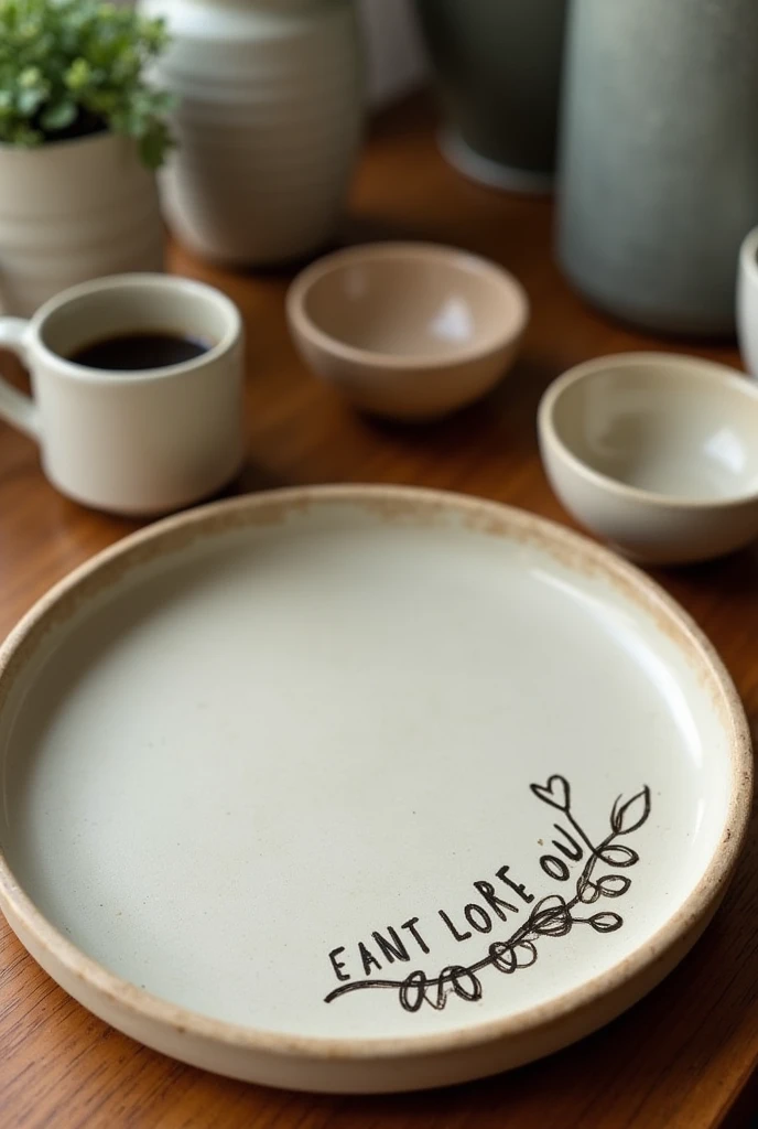 I need a picture of a pottery plate with the words craft_in_the_clouds written on the bottom right of the plate, painted in a home environment as natural and handmade as possible.