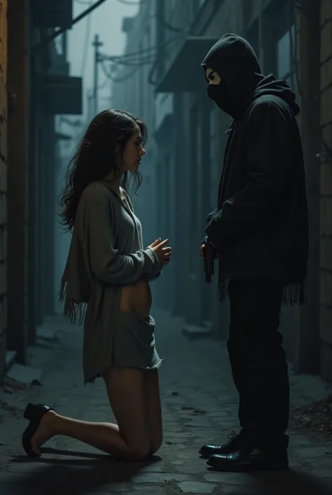 A young woman is threatened by a man with a gun in an alley. The man is wearing a mask. She is forced to lift her sweater revealing her skinny belly. She is kneeling, looking up to the man. She has her sweater in her hands and pulls it up to show her belly