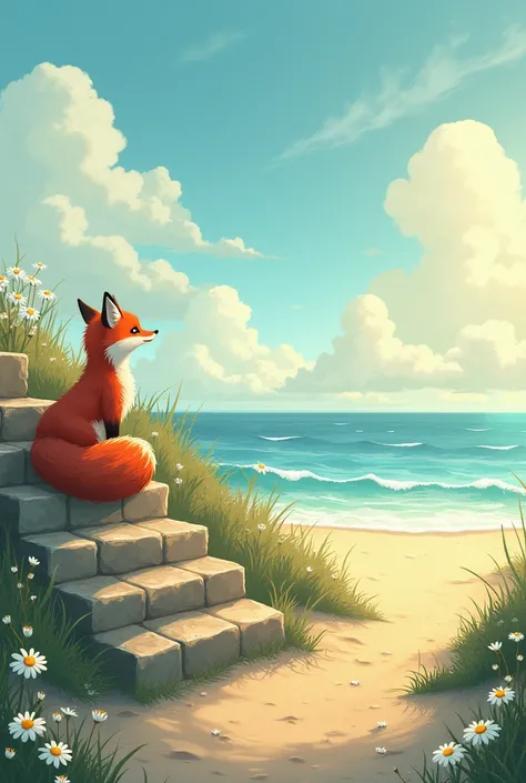 sea,  Stairs , clouds, sun,  daisy , The fox 
