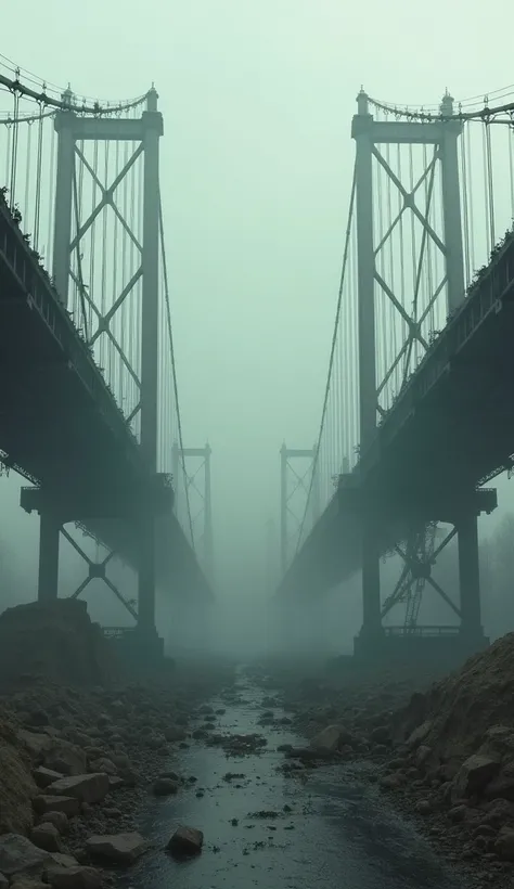 Collapsed bridges leading to nowhere, surrounded by a haze of smoke