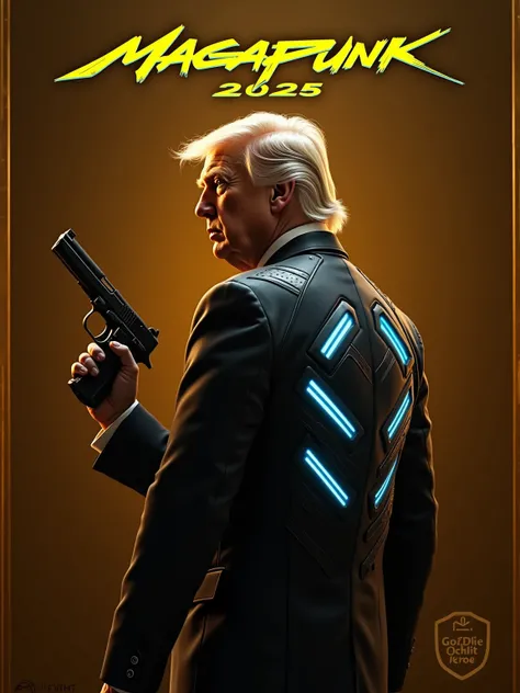 Golden Age America 2025, game cover depicting Donald Trump character holding a pistol against a gold background in a full-body shot, in the style of a game poster. The game title "Magapunk 2025" appears above the character's head in bold letters with the g...