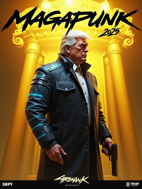 Golden Age America 2025, game cover depicting Donald Trump character holding a pistol against a gold background in a full-body shot, in the style of a game poster. The game title "Magapunk 2025" appears above the character's head in bold letters with the g...