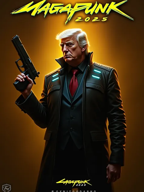 Golden Age America 2025, game cover depicting Donald Trump character holding a pistol against a gold background in a full-body shot, in the style of a game poster. The game title "Magapunk 2025" appears above the character's head in bold letters with the g...