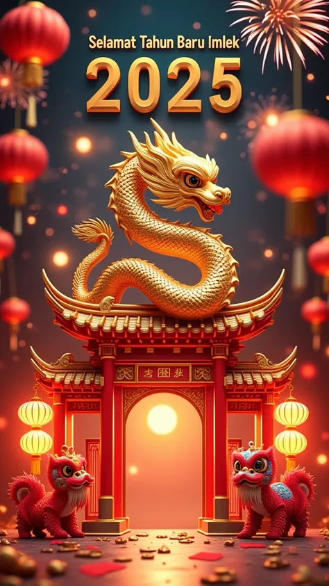 "Create a detailed 3D vertical artwork celebrating Chinese New Year 2025. The centerpiece is a majestic golden dragon coiled in an elegant serpentine motion, its shimmering scales reflecting festive lighting. Surrounding the dragon are glowing red lanterns...